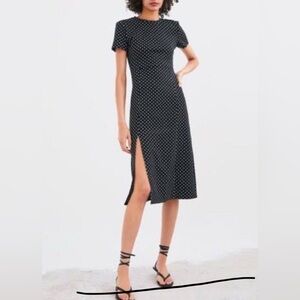 Zara Womens Large Black White Polka Dot Sheath Midi Dress Short Sleeve With Slit